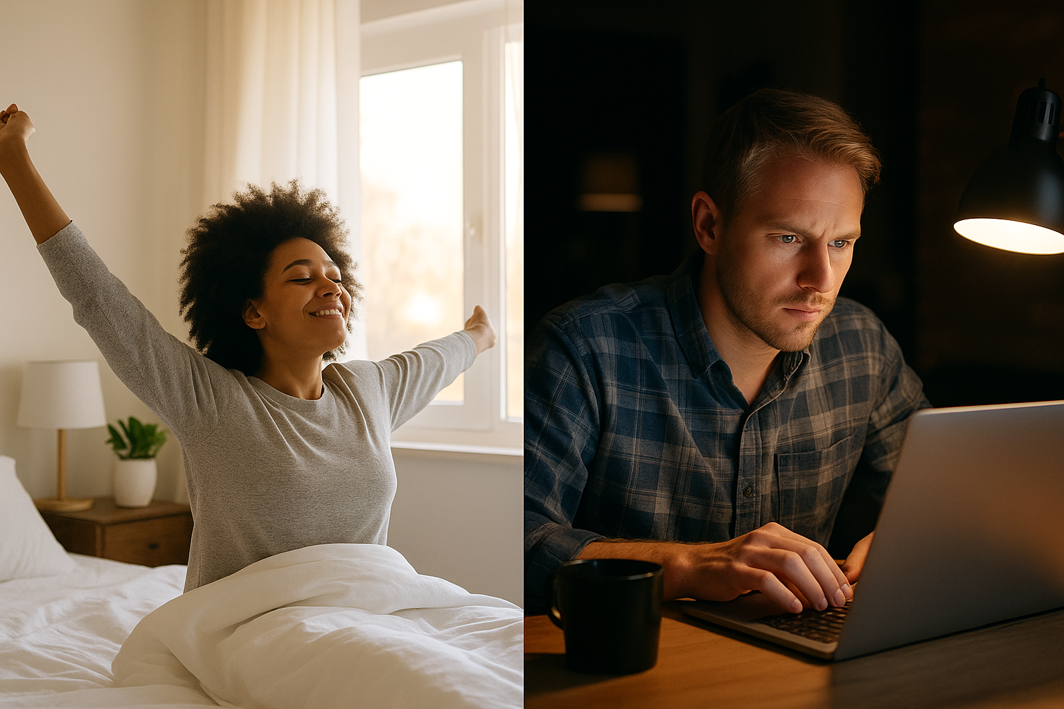 Split image showing an African American woman stretching happily in bed during a bright morning on the left, and a focused blonde man working late at night on a laptop under a desk lamp on the right, representing early birds versus last-minute workers.