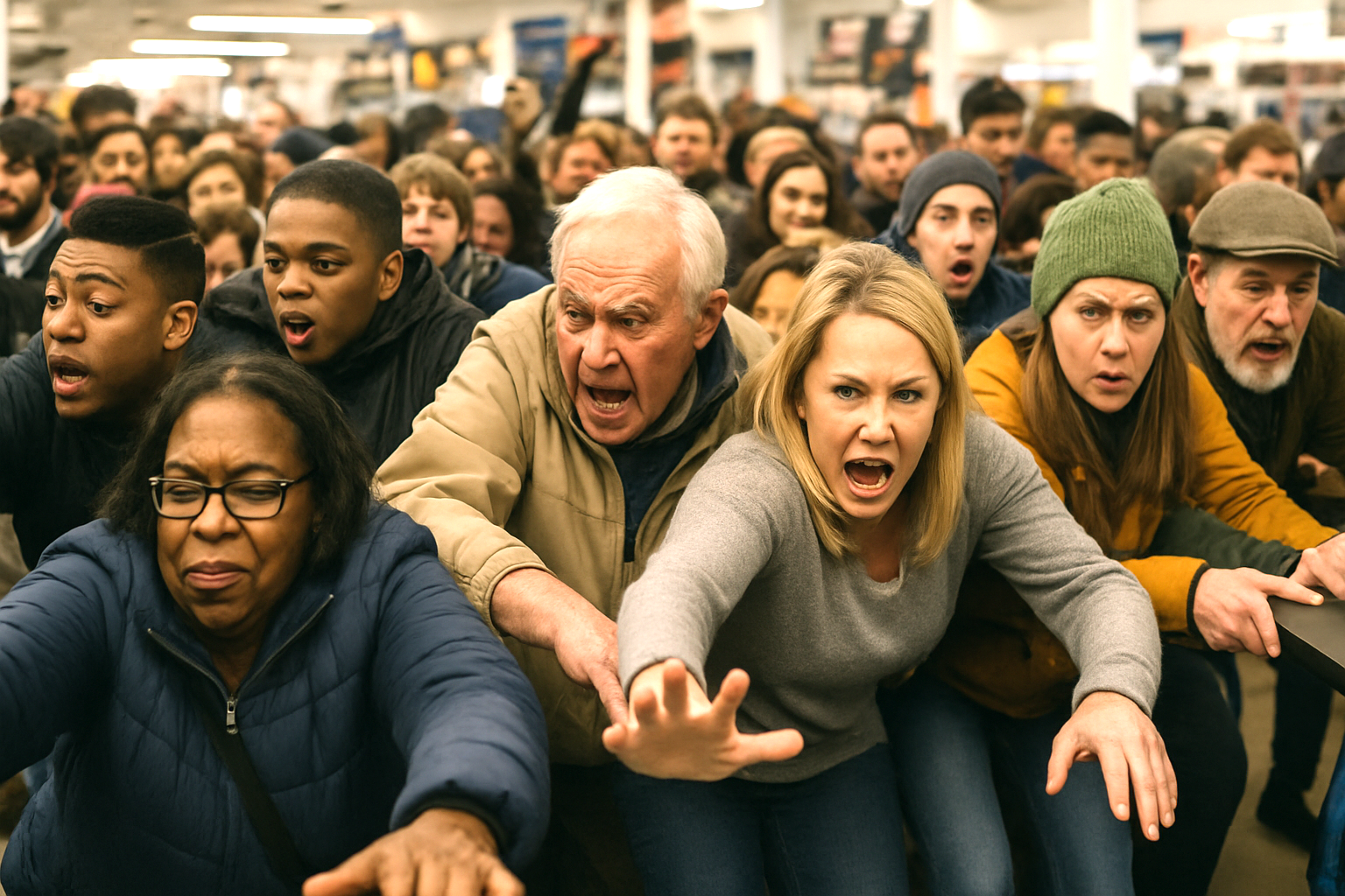 A realistic horizontal scene of a diverse group of shoppers of all ages rushing forward inside a store during a chaotic Black Friday event, with people pressing toward the front and the energy of the crowd clearly visible.