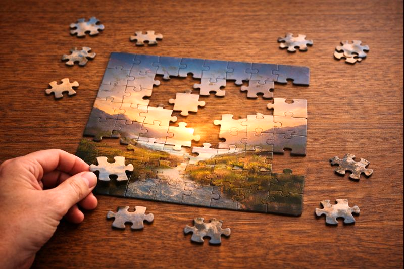 An unfinished jigsaw puzzle on a wooden table with several missing pieces, showing a scenic landscape at sunset as a hand prepares to place another piece, symbolizing the big picture coming together.