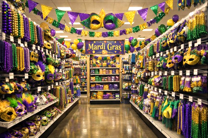 Store aisle filled with Mardi Gras decorations in purple, green, and gold, including beads, masks, and festive signage, illustrating seasonal overload and constant visual temptation.